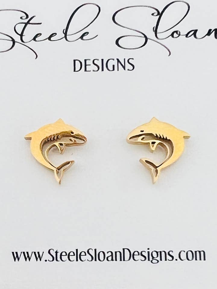 Go Sharks! Cute Shark Gold Stud Earrings - Shark Gift for wholesale by Steele Sloan Designs