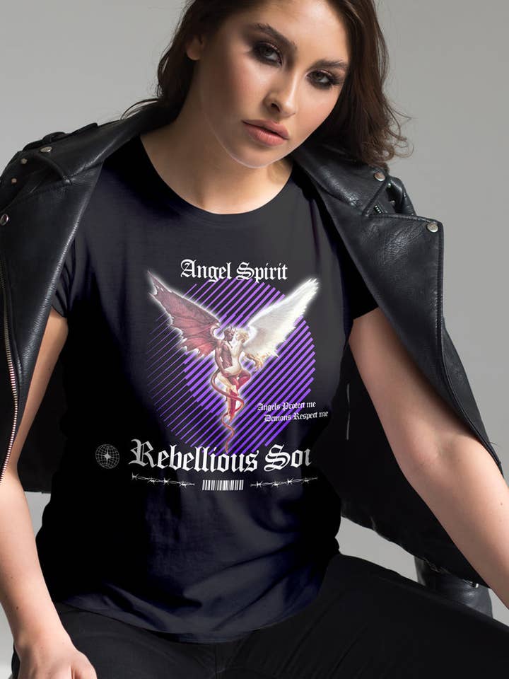 Camiseta negra Angel Spirit Rebellious Soul para venta al por mayor de Splashy