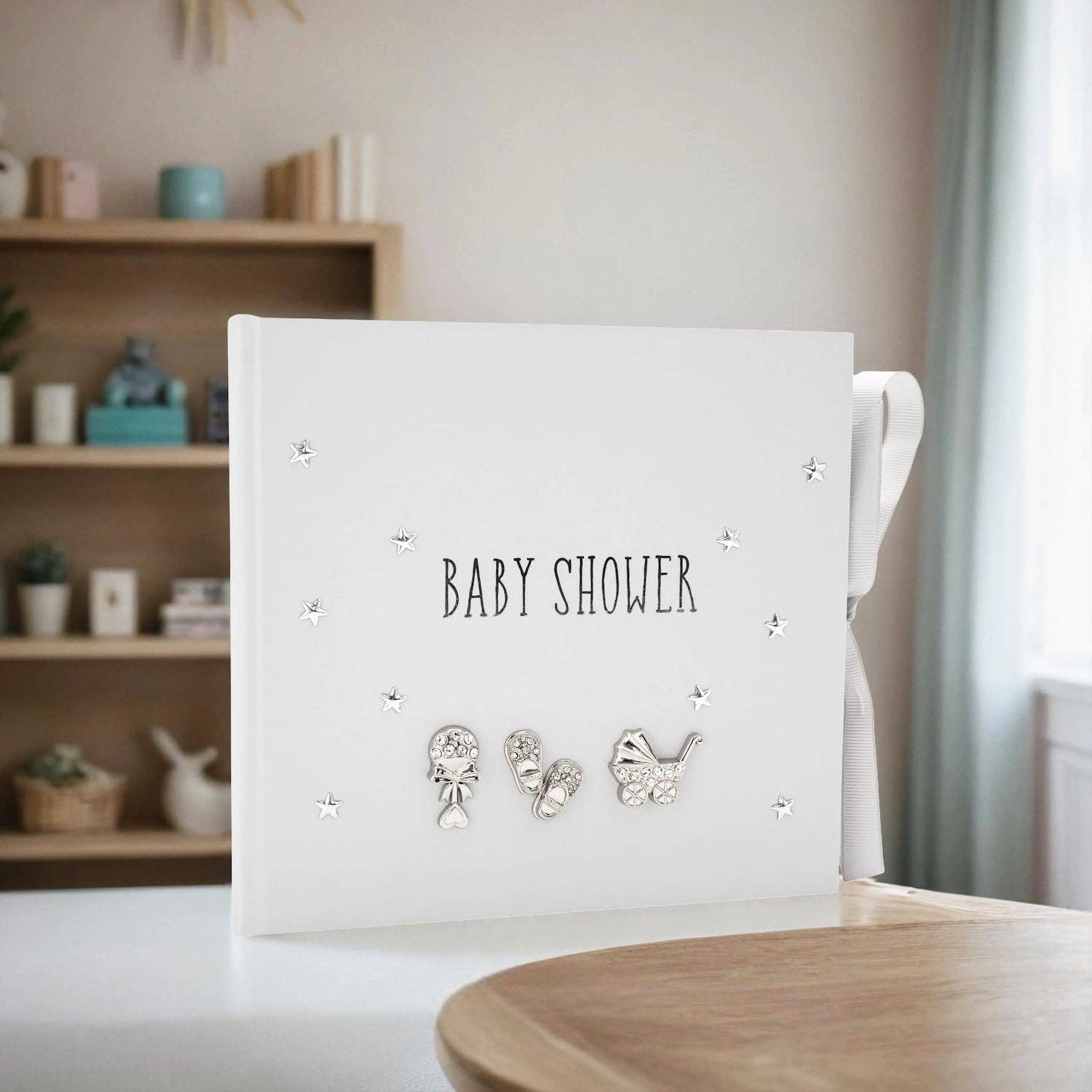 Happy Homewares – wholesale Photo album – Child & baby – Baby Shower Photo Album with Silver Plated Rattle Pram and Booties6