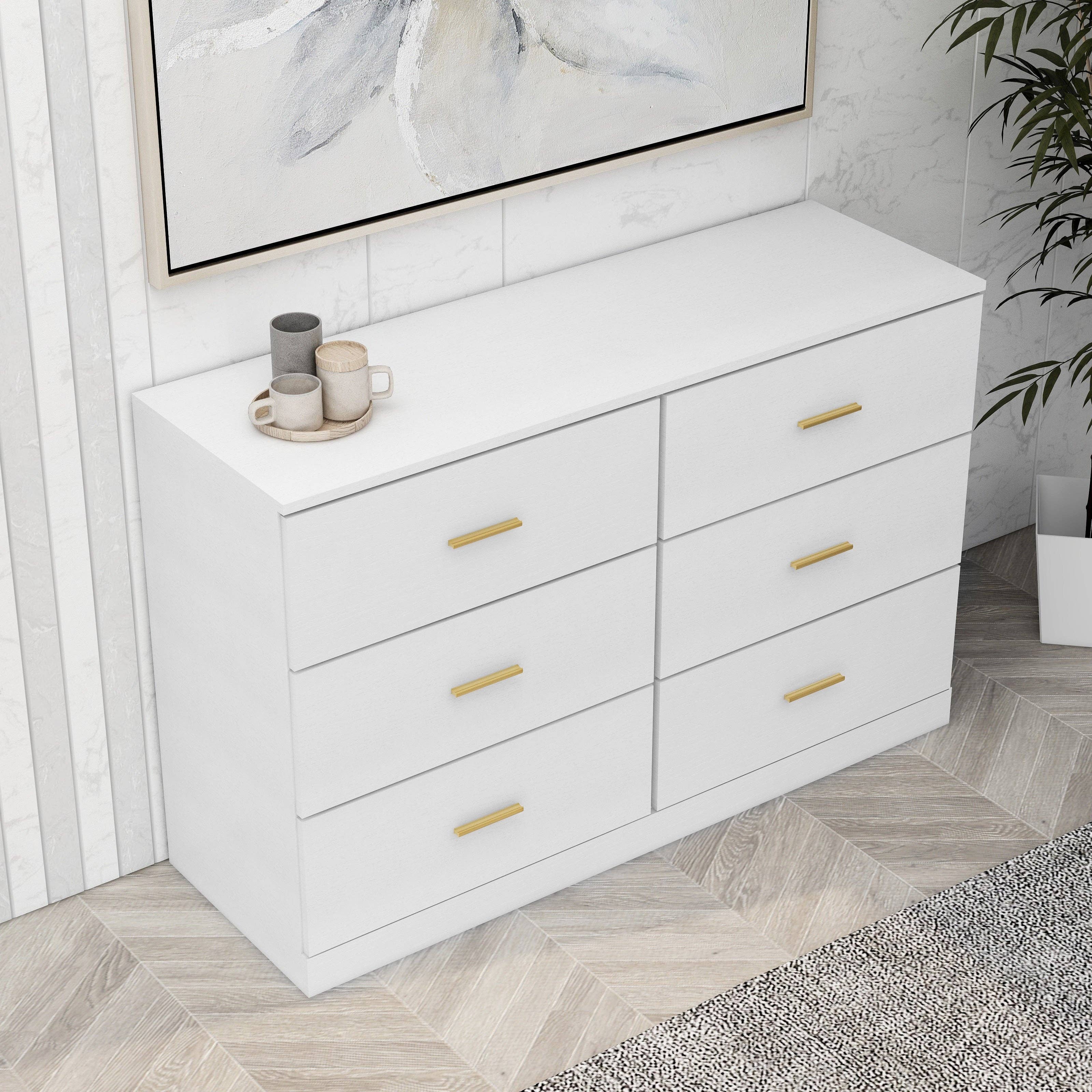Orange County Decor - Wholesale Bedroom Furniture - Modern White 6 Drawer Dresser For Bedroom Large Storage Wide Chest Of Drawers, Sturdy & Safe Chest 5 Or More Drawers Whitewash Antique White Primary Living Space Drawers Included American2