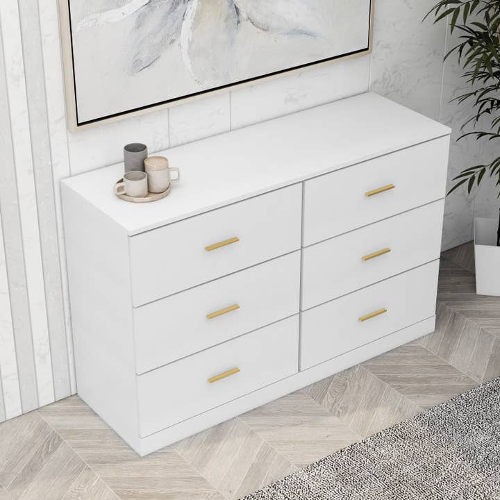 Orange County Decor - Wholesale Bedroom Furniture - Modern White 6 Drawer Dresser For Bedroom Large Storage Wide Chest Of Drawers, Sturdy & Safe Chest 5 Or More Drawers Whitewash Antique White Primary Living Space Drawers Included American2
