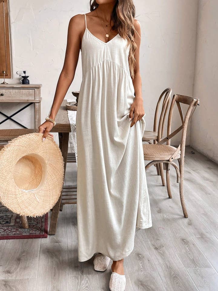 beige Linen blend Scoop Neck Cami dress with bow tie at back for wholesale on Faire