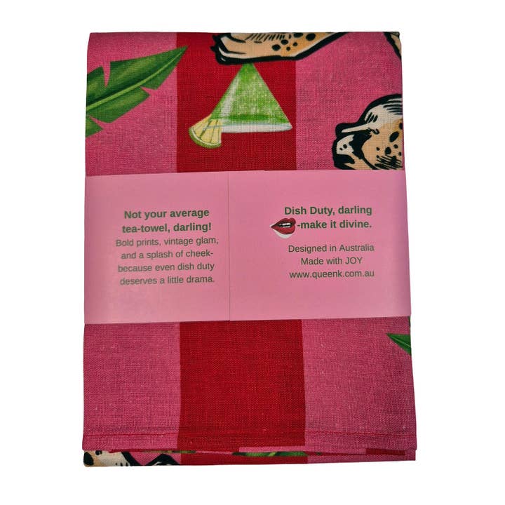Queen K - Wholesale Tea towel - Cocktail Cheetah Red & Pink Striped 100% Linen Tea Towel3