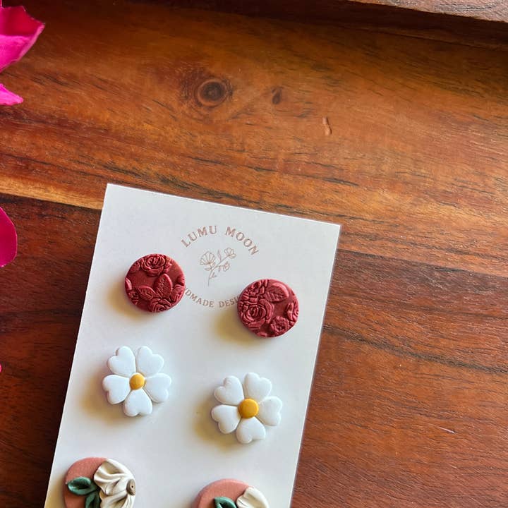 Red and Floral Stud Pack for wholesale by Lumu Moon Handmade Designs
