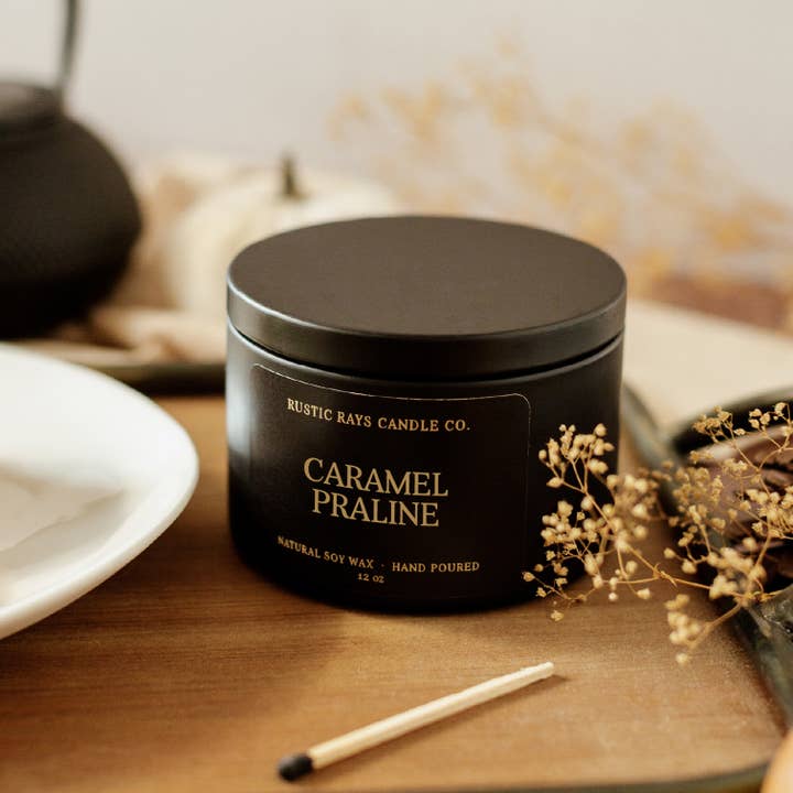Rustic Rays Candle Co. - Wholesale Jar/Filled Candle - Caramel Praline 12 oz Soy Candle - Fall Home Decor & Gifts1