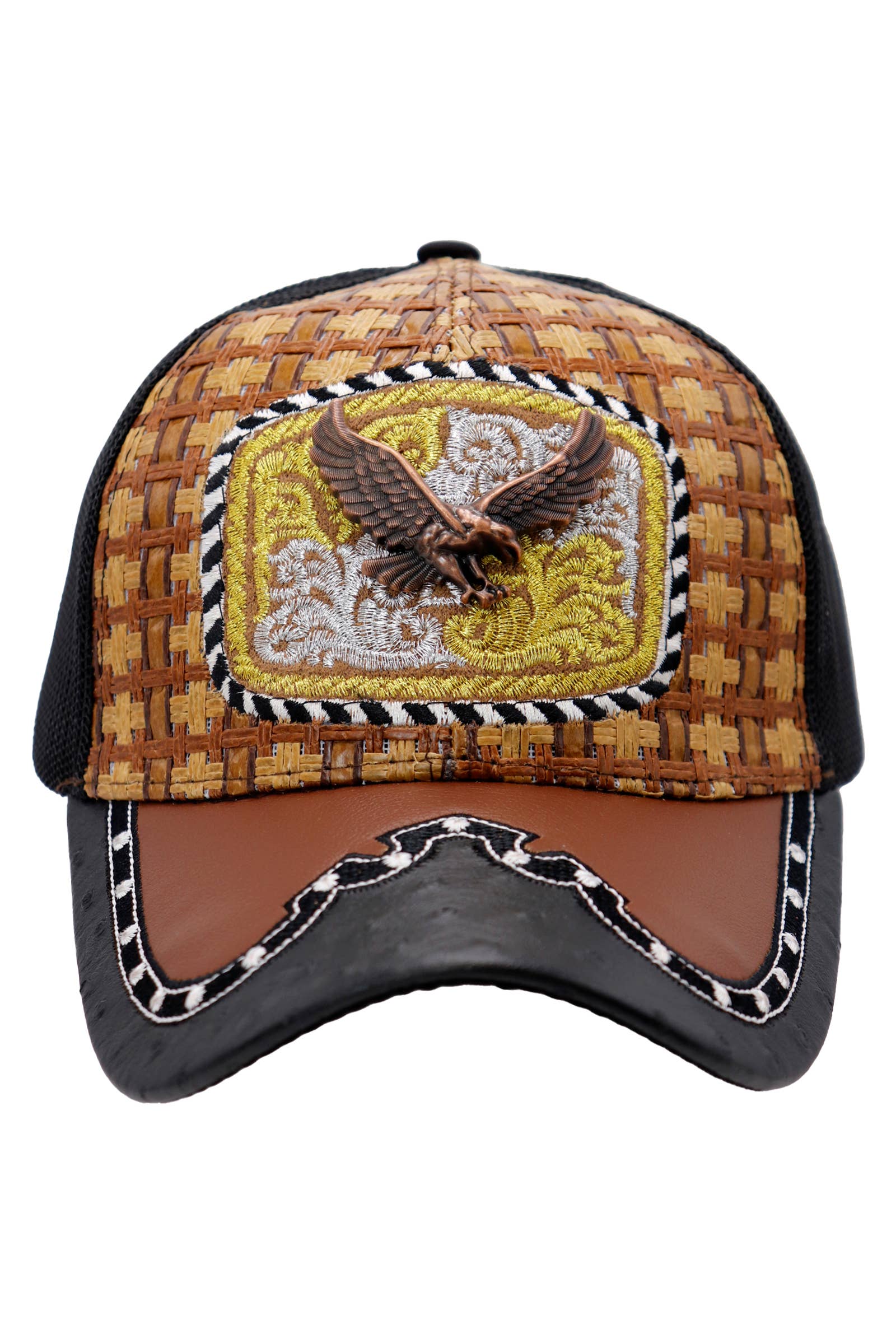 Cap Zone – Engroshandel Trucker hat - Unisex – Bronzed Emblem Vegansk Læder Strå Mesh Charro Kasket8
