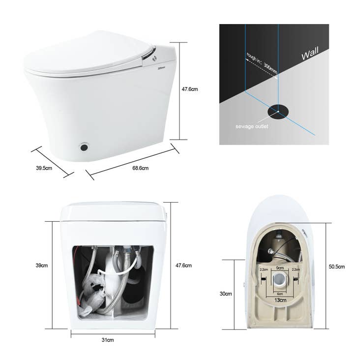 Orange County Decor - Wholesale - Luxury Smart Toilet With Dryer And Warm Water, Elongated Bidet Toilet With Heated Seat, With Remote Control, Led Night Light, Power Outage Flushing, Soft Close Cover,Whit White Ceramic7