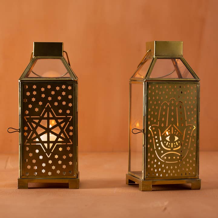 Gabriella Glass and Antique Brass Lantern - Hamsa & Evil Eye for wholesale by Adara Rituals