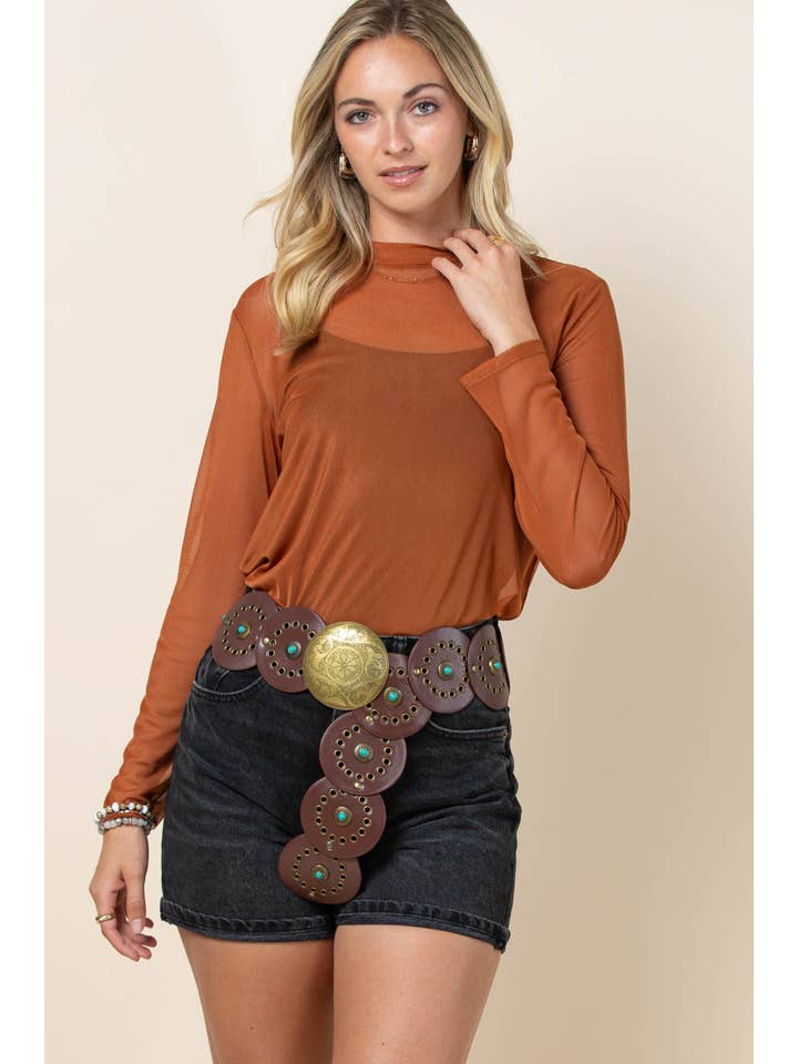 Cinnamon AV1230-CHASE SOLID SEMI SHEER MESH TOP for wholesale on Faire4