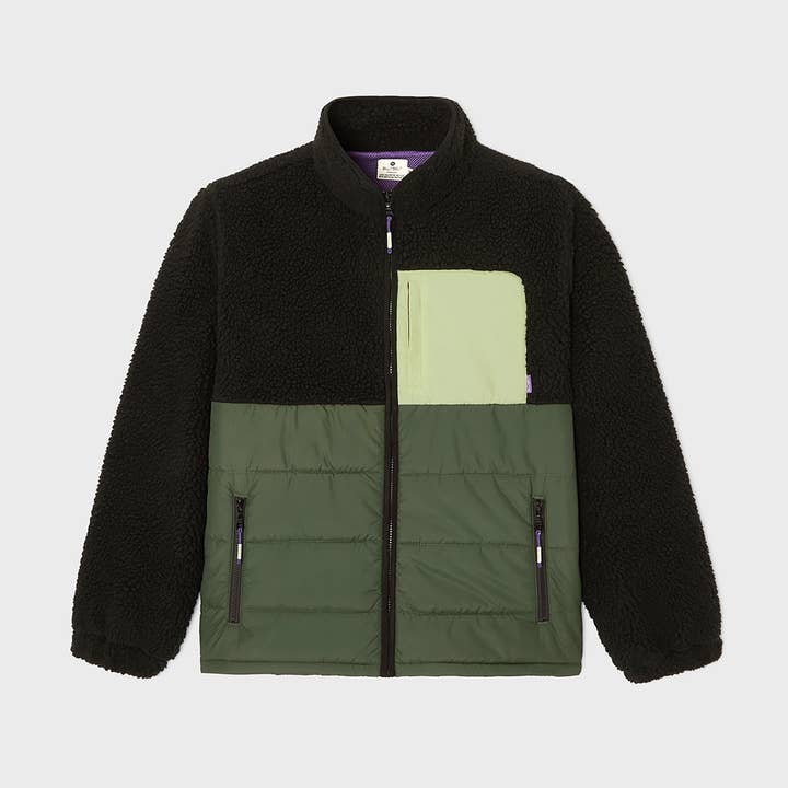 Two-tone jacket in black and green sherpa for wholesale by BILLYBELT