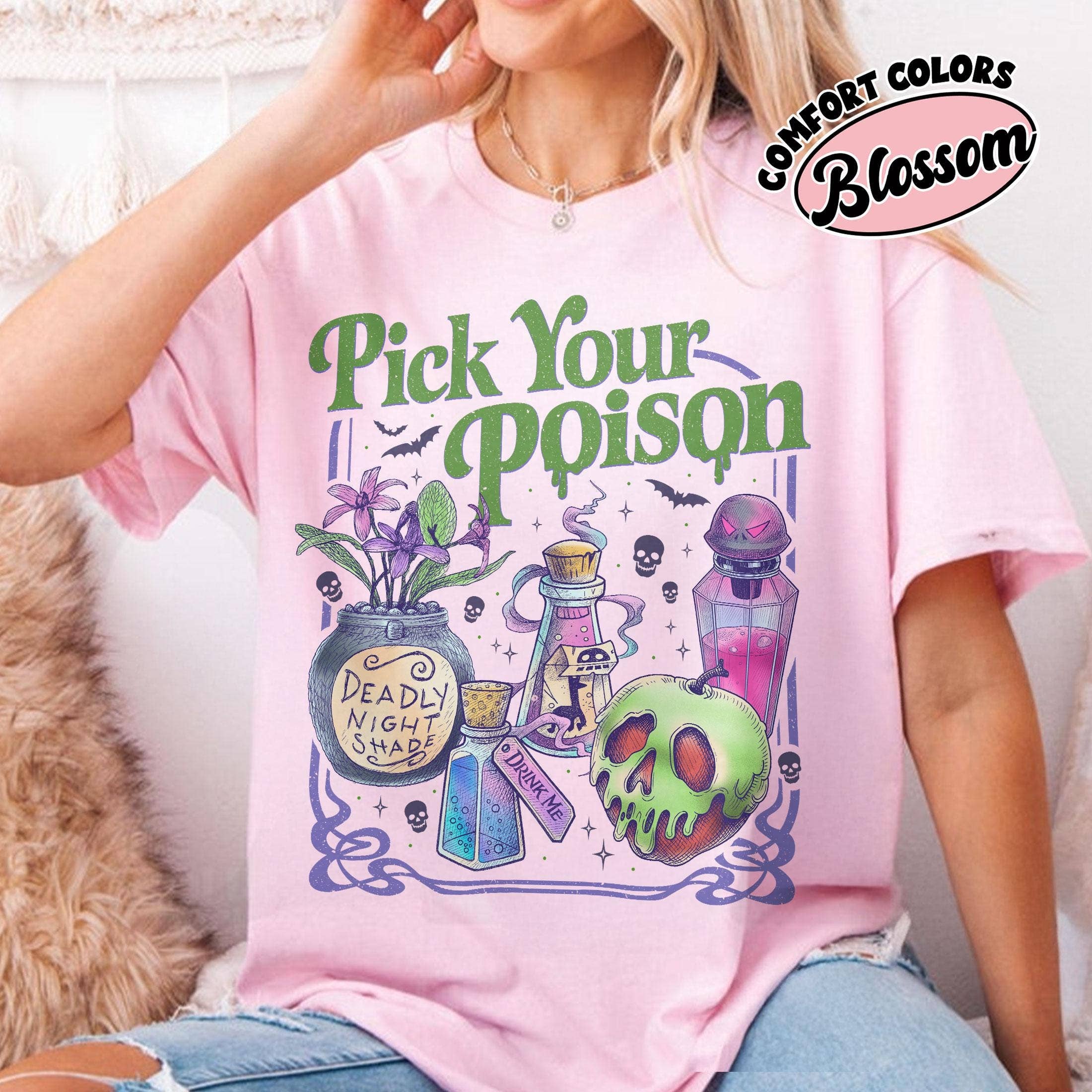 Glaime - Wholesale T-Shirt (Graphic) - Women's -  Comfort Colors Pick Your Poison Shirt, Princess Halloween1