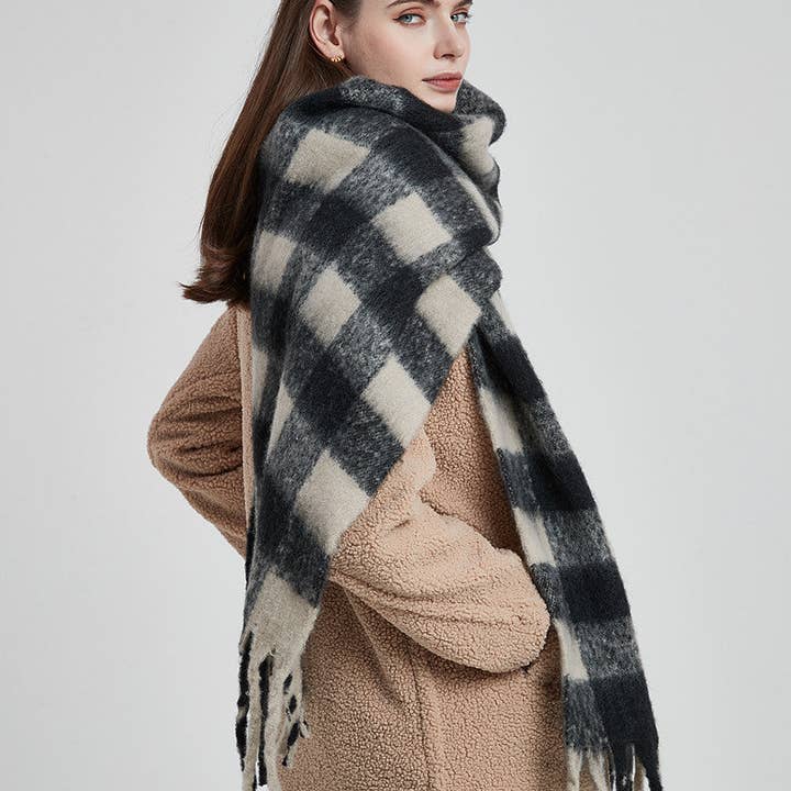 Dipped Shop - Wholesale Scarf - Women's - Plaid Contrast Color Tassel Scarves DPKS1217