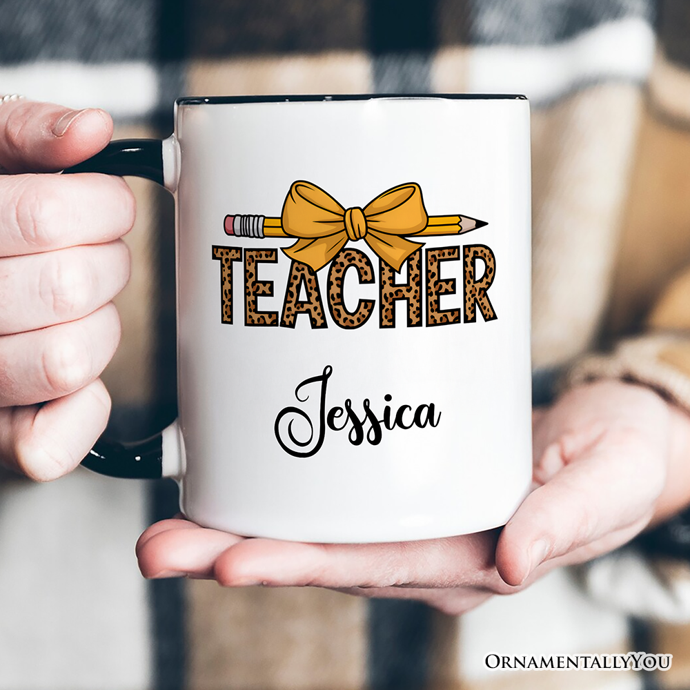 White Black Handle Teacher Leopard Pencil Personalized Mug, Coquette Bow Retro  for wholesale on Faire4