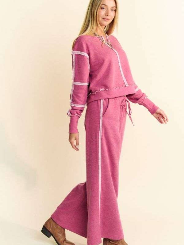 Davi & Dani - Wholesale Top & Pant Set (NOT Loungewear) - Women's - RAW EDGE OUTSEAM TOP ELASTIC WAISTBAND PANTS SET