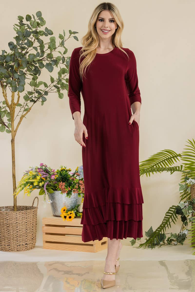 Celeste Clothing – Großhandel Kleid – Damen – Großgrößen-Midikleid mit gestuften Rüschen und 3/4-Ärmeln12
