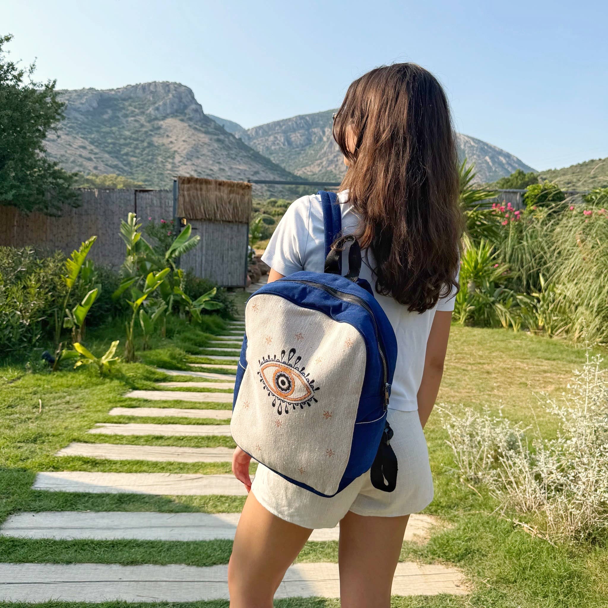 Evileyefavor – wholesale Backpack – Women's – Boho Evil Eye Canvas Backpack - Blue & White Daypack2