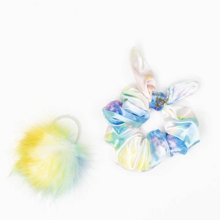 Kvinders fløjl Unicorn Tye Dye Scrunchie for engroshandel hos Hunny Bunny Collection