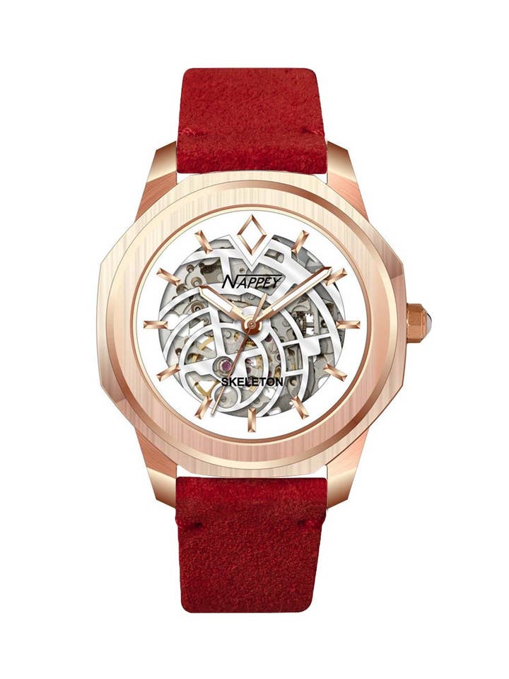 Nappey Skeleton roséguld och vitt mocka med röd rem, 115 x 94 x 755 mm för wholesale av Nappey