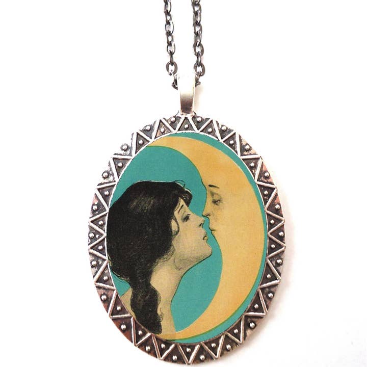 Moon Kiss Necklace Pendant Silver Tone - Kissing Man in the Moon Romance Romantic Art Nouveau Whimsical for wholesale by FringePop