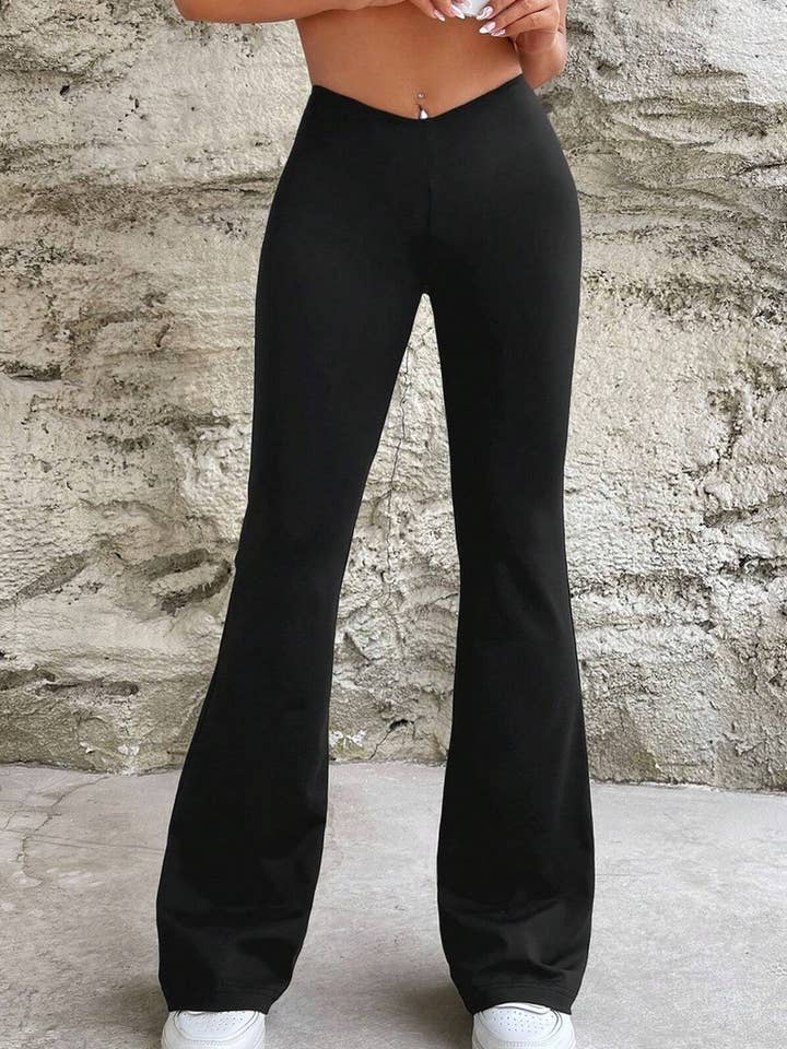 BLACK CWBLP1425_SOLID COLOR V-WAIST SLIM FLARED TROUSERS for wholesale on Faire4