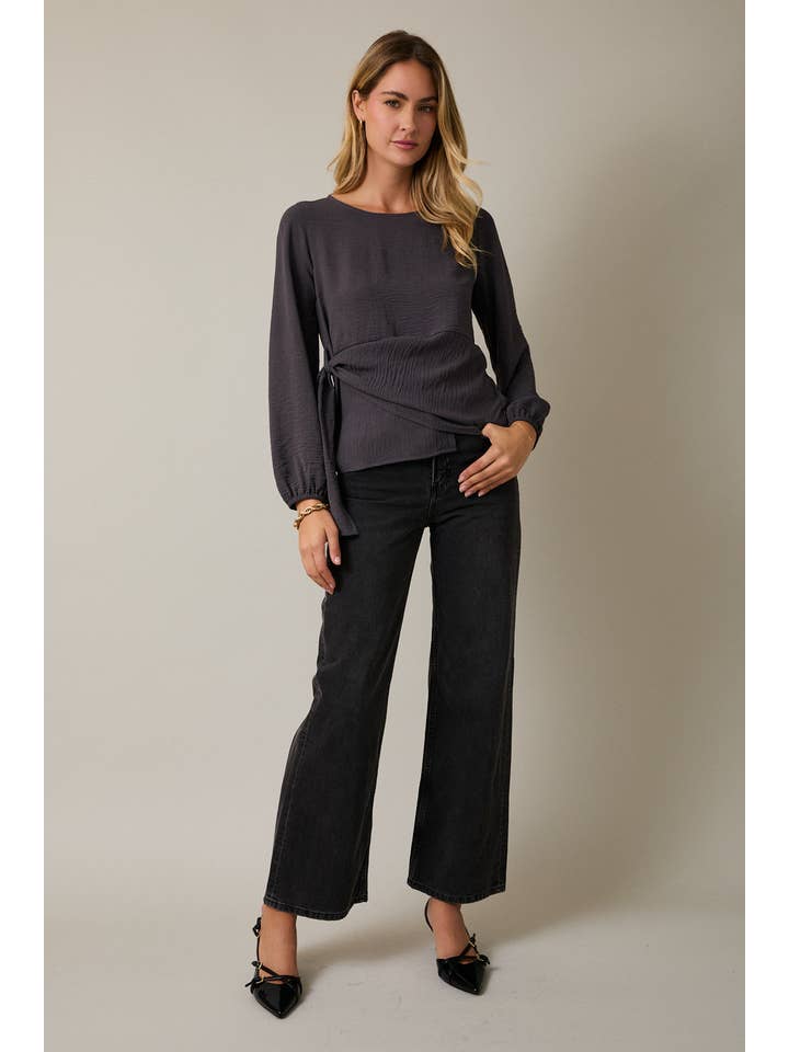 CHARCOAL ROUND NECK LONG SLEEVE WASIT TIE TOP for wholesale on Faire3