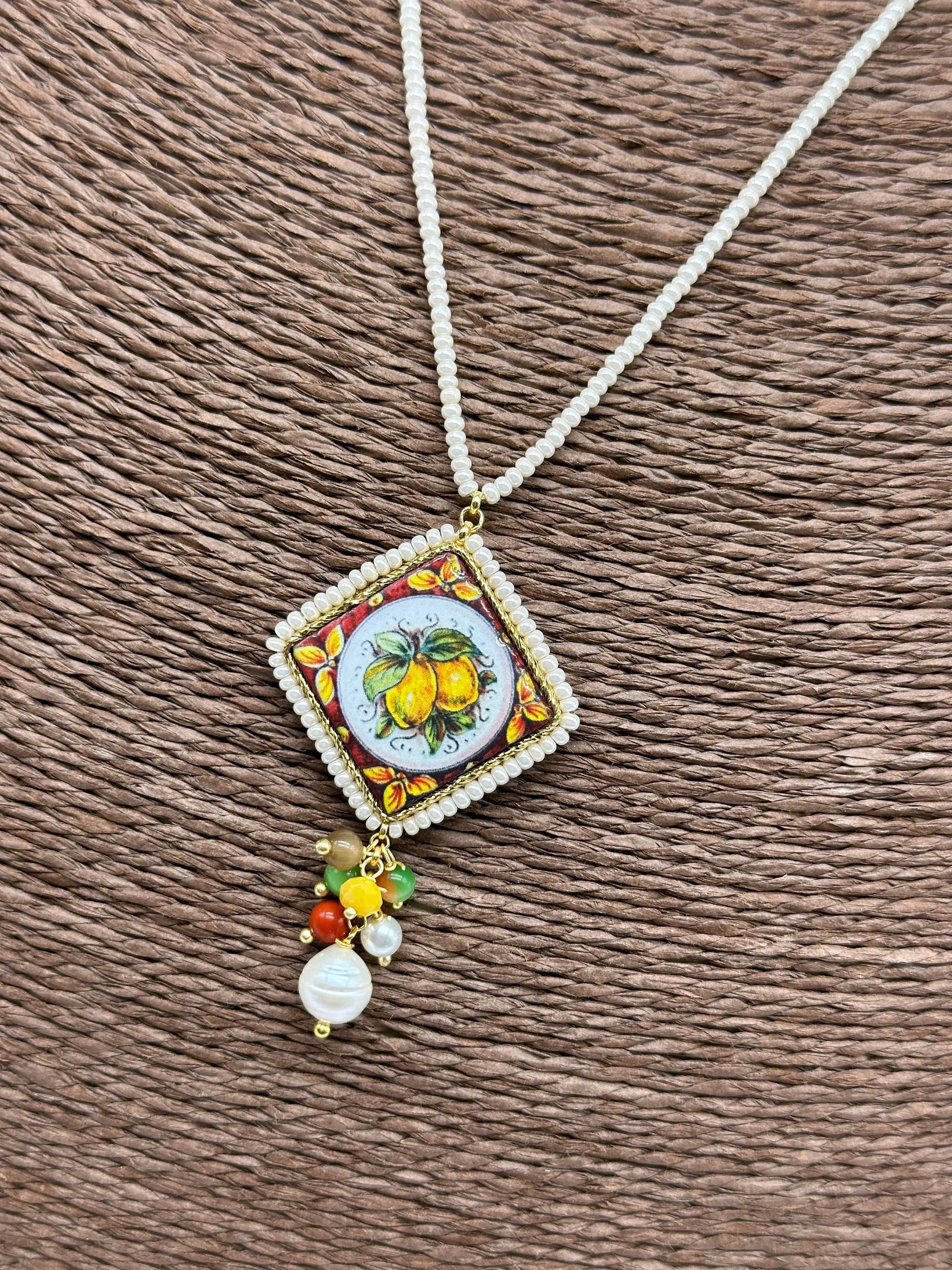 DD Ceramiche Siciliane - Wholesale Pendant/Charm Necklace - Caltagirone Ceramic Tile Necklace, Lemons Decor, frame and chain, white beads1