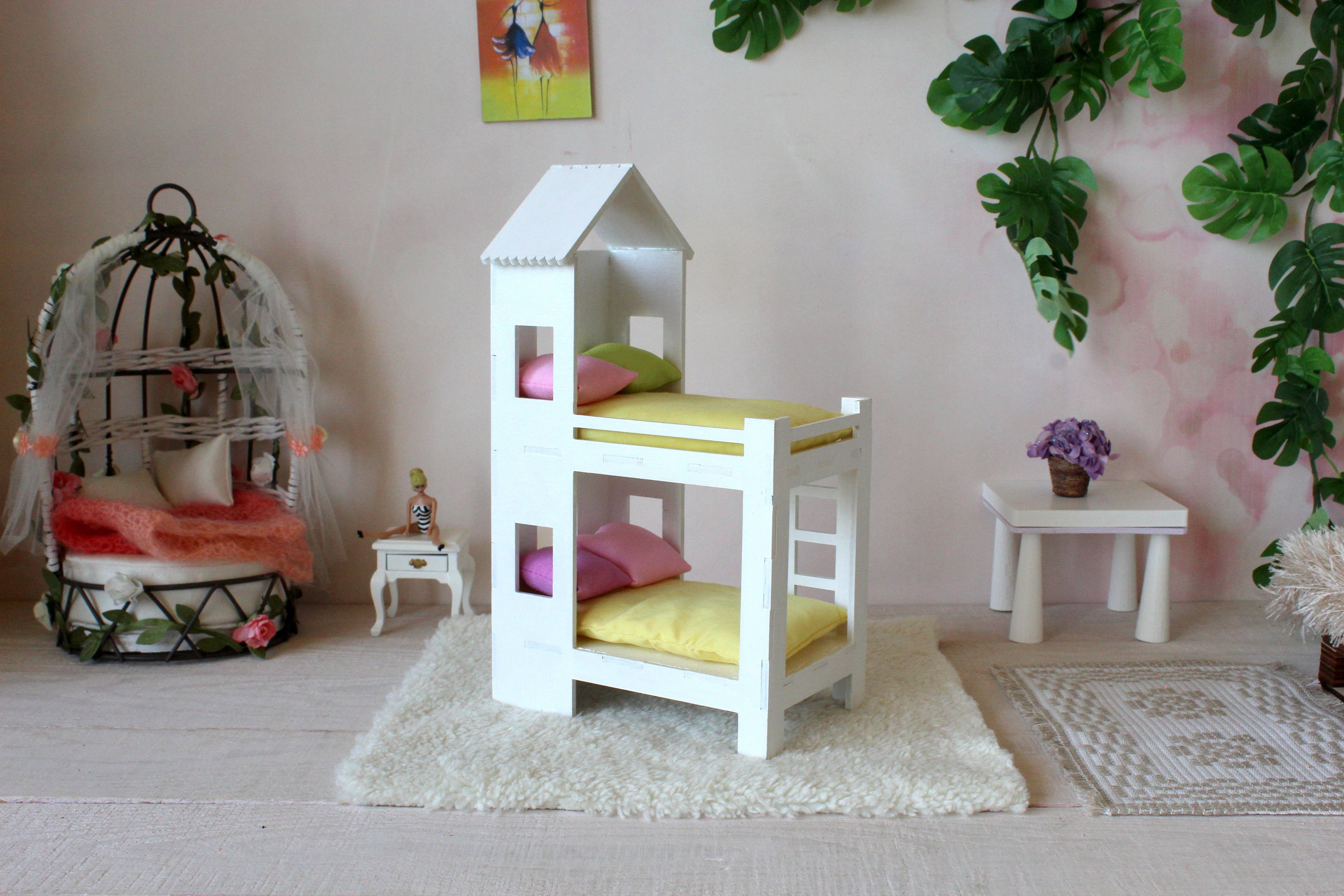 Lenasminiland – Kit de acessórios de boneca - Crianças por atacado – Beliche em miniatura, móveis de casa de bonecas em escala 1/12. Woo branco7