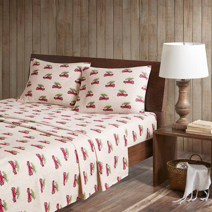 Olliix - Wholesale Sheet Set - Cotton Flannel Winter Sheet Set, Christmas Trucks