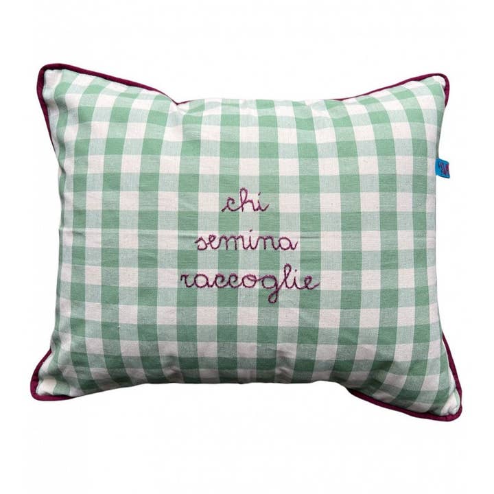 Volants Volant - Wholesale Throw/Decorative Pillow - Hand-embroidered cushion 'those who sow reaps' in burgundy