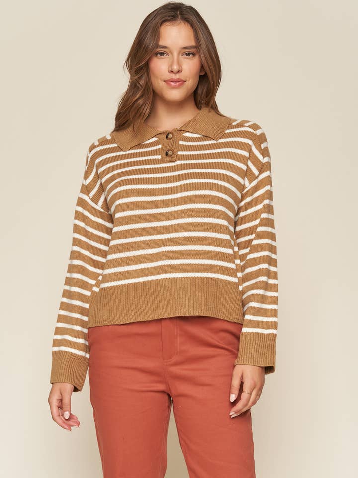 Relax Henley Stripe Sweater for wholesale by Orange Creek