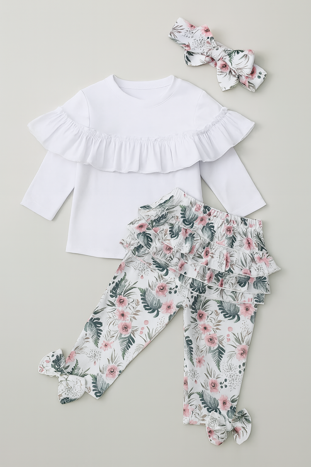 Fennco Styles - Vente Ensemble de vêtements – bébé - Haut à manches longues, pantalon et bandeau blancs à volants floraux pour bébé0
