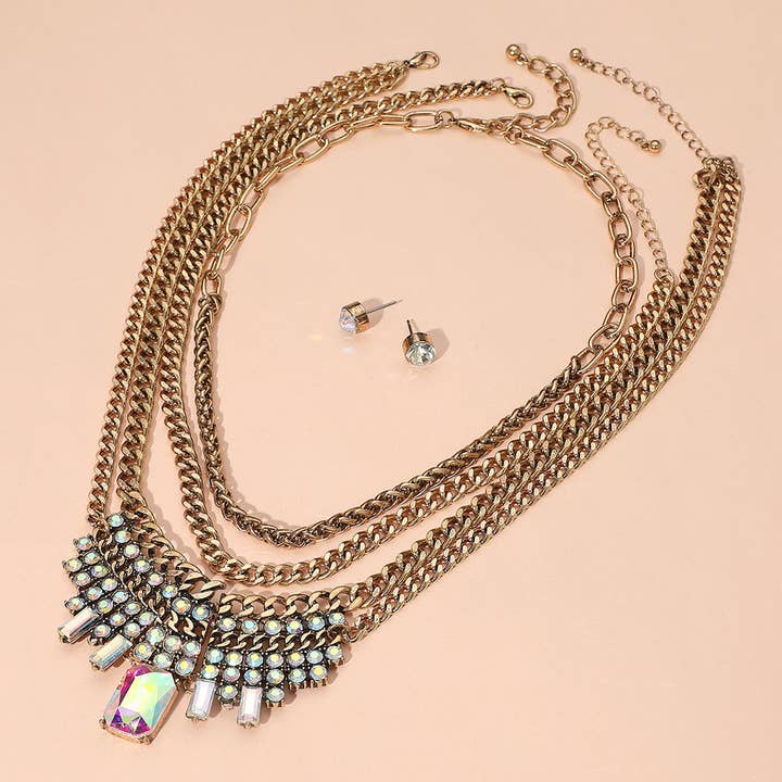3PCS - Crystal Stone Cluster Embellished Plate Accent Chunky Chain Layered Necklaces for wholesale by Sensibling Corp.