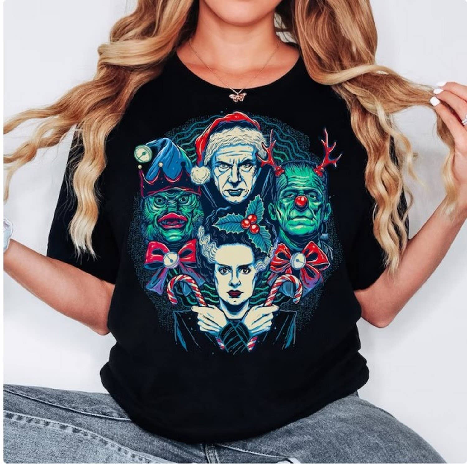 Black Classic Monsters Christmas Shirt, Dracula, Frankenstein, Bri for wholesale on Faire
