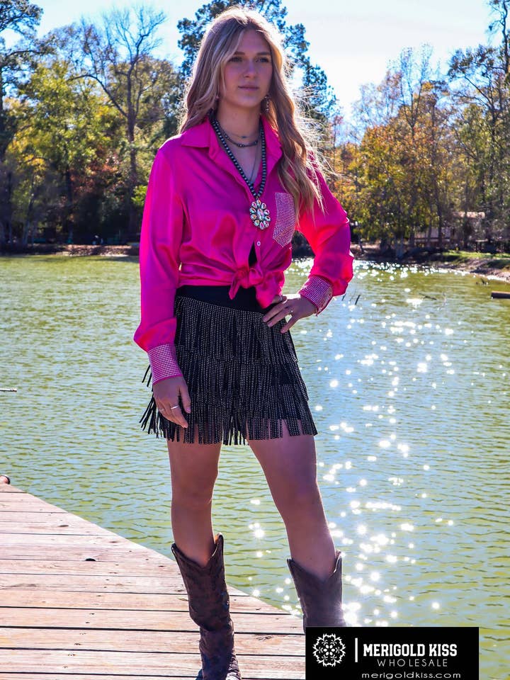 MK189 Dolly Duo Satin Button Up w/ Rhinestones - Pink for wholesale on Faire