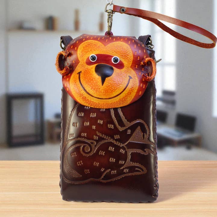 Sunflower Handmade leather inc - Vente Coque de téléphone – femme - Ih033 Étui de Téléphone Portable en Cuir Fait Main Singe3