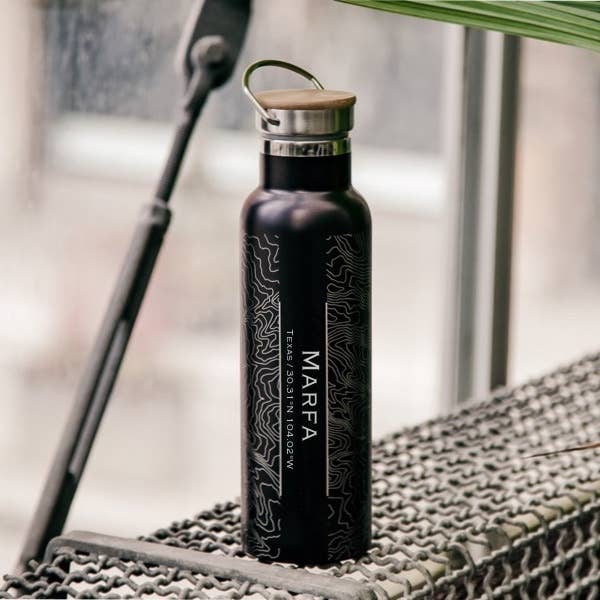 Marfa TX Map Bottle with Bamboo Top in Matte Black for wholesale by JACE.design