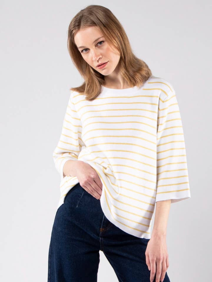White Sweater with Butter Yellow Stripes in GOTS Organic Cotton for wholesale by Achega Knitwear