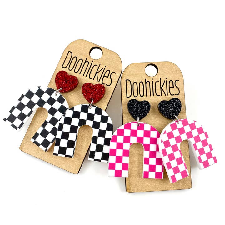 Checkered Rainbow Love Acrylic Valentines Earrings for wholesale by Doohickies