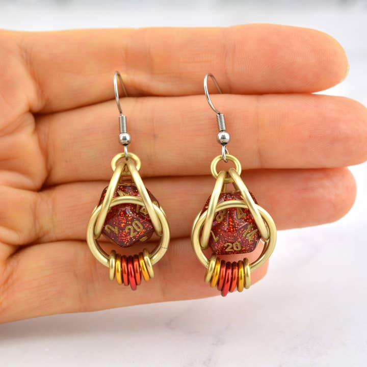 Rebeca Mojica Jewelry – wholesale Dangle earrings – d20 Red Glitter Earrings - Mini Dice Chainmaille Jewelry6