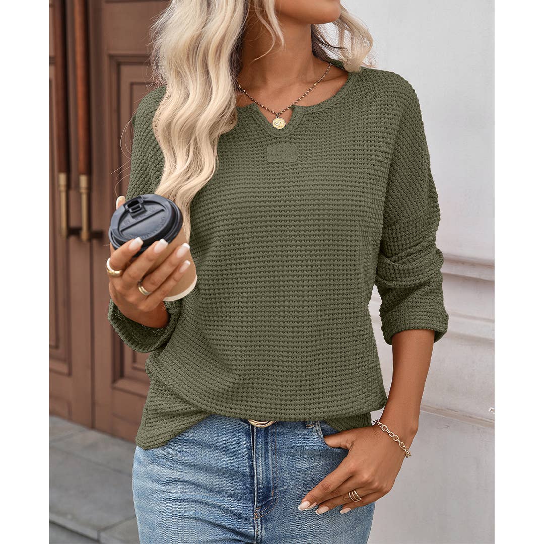 UNISHE - Wholesale Blouse - Women's - Striped Waffle Knit Long Sleeve Top MD23711