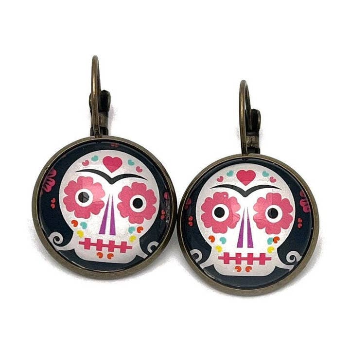 Día de los Muertos 2021, Calavera de Azúcar, sello estadounidense, joyas con sello postal, pendientes con sello postal, pendientes con clip francés con acabado en bronce para venta al por mayor de Postage Stamp Jewelry