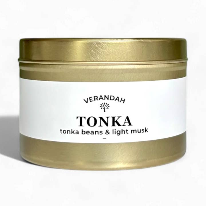 Soy Tonka Hand poured 6 oz Candle- Gold Tin for wholesale by Verandah Candle Company