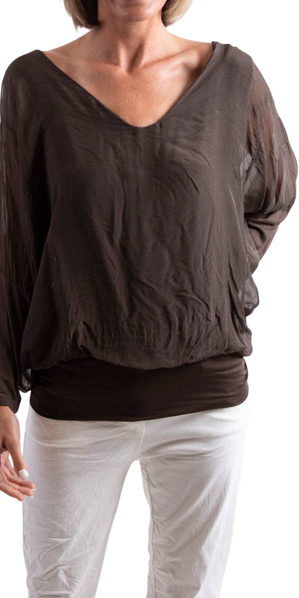 Gigi Moda - Vente Chemisier – femme - Blouse en soie à manches longues et col en V avec taille à bandes30