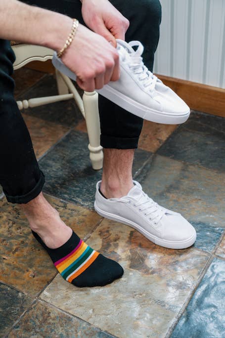 Swole Panda - Vendita all'ingrosso Calzini - Uomo - CALZINI NERI IN BAMBÙ A RIGHE AUDACI «NO-SHOW» (DA UOMO)1