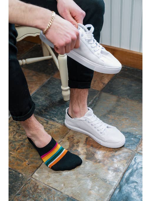 Swole Panda - Vendita all'ingrosso Calzini - Uomo - CALZINI NERI IN BAMBÙ A RIGHE AUDACI «NO-SHOW» (DA UOMO)1