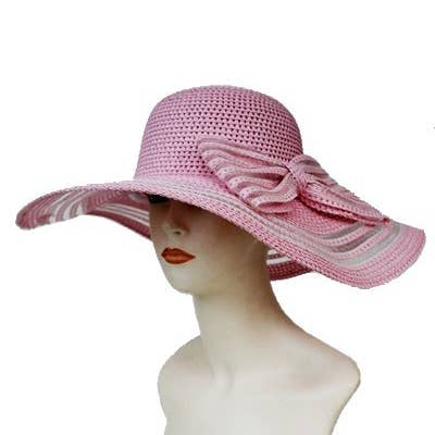 Cap Zone - Wholesale Straw Hat - Women's - Derby Bow Floppy Pink Sunhat