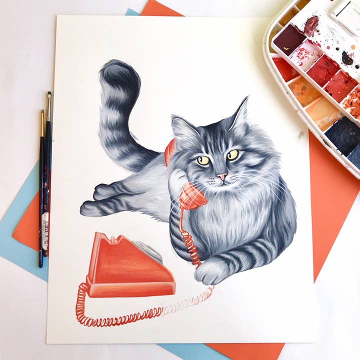 Sardines Studio - Wholesale Art Print - Cat on the Phone Art Print