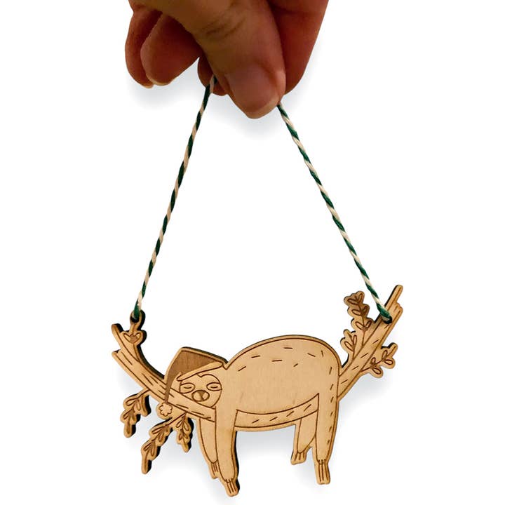 sleepy sloth wooden ornament | christmas ornament for wholesale by Evil Llama and Friends