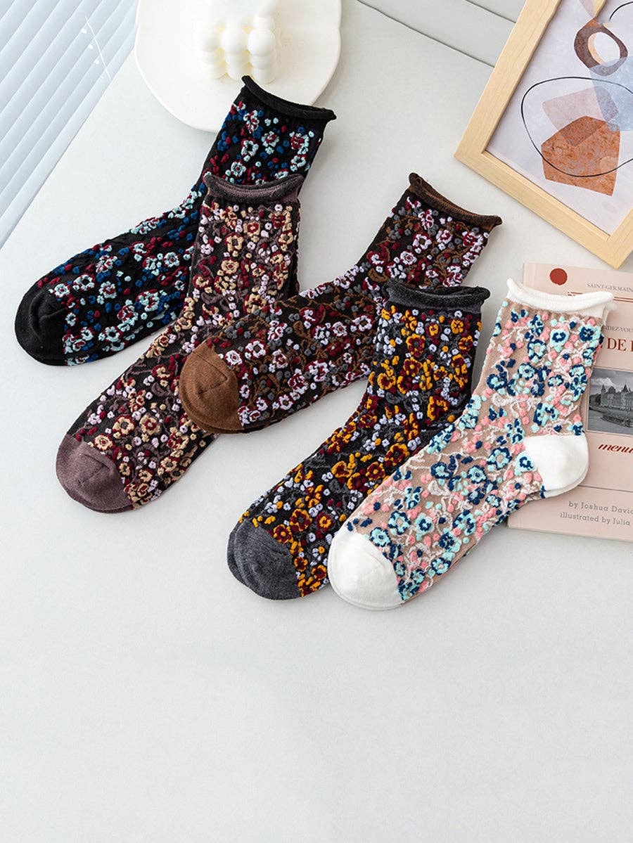 5 Pairs Winter Women Floral Jacquard Hemming Socks for wholesale on Faire0