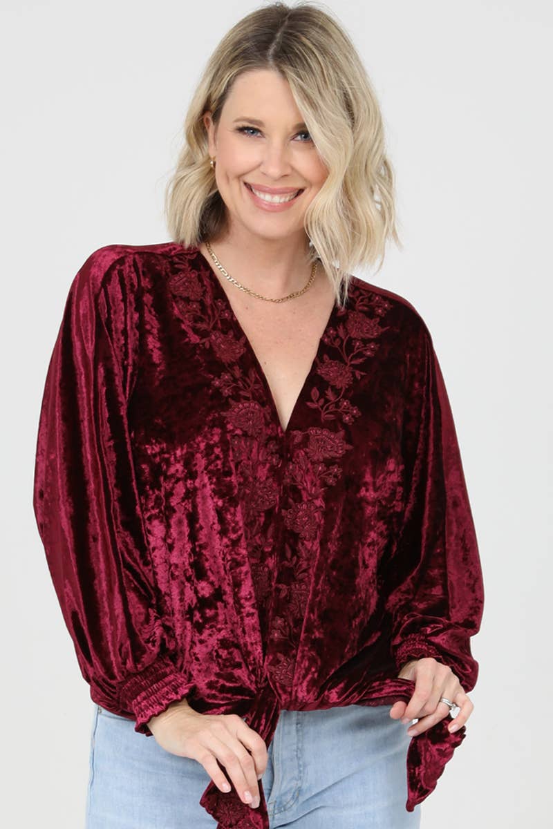 Nostalgia - Wholesale Blouse - Women's - E2V75-ASIS CRUSHED VELVET V NECK EMBROIDERED TIE WAIST TOP11